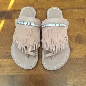 Tan, suede fringe sandals for women ( Bernardo)